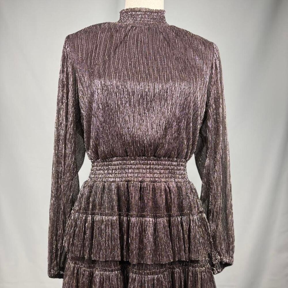 Metallic tiered ruffle dress long sleeve high neck party mini dress